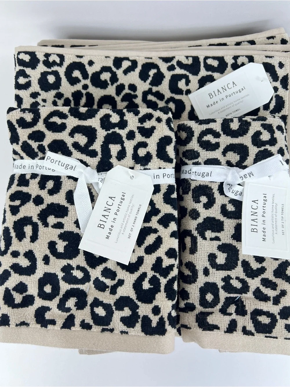 Bianca Bath Towel Set Luxurious Beige Black Leopard Print Velour Cotton 6pc NEW